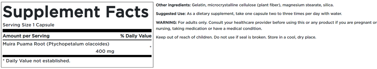 L'etichetta di un integratore Swanson Full Spectrum Muira Puama - 400 mg 90 capsule.