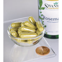 Miniatura per Una ciotola contenente un flacone di Swanson Rosemary - 400 mg 90 capsule, un'erba ricca di antiossidanti, e un centesimo.
