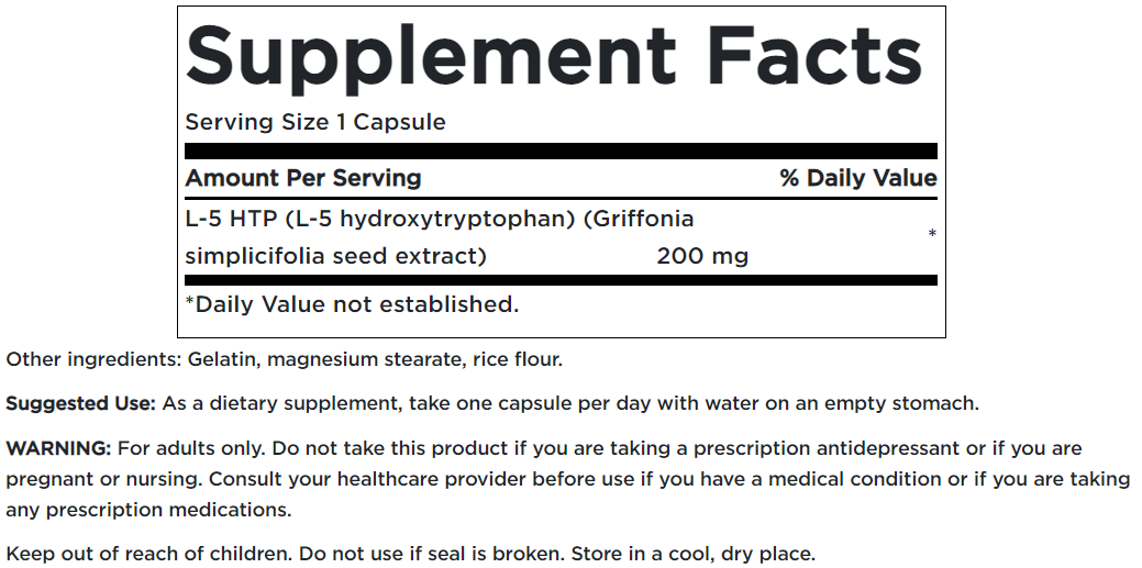 Un'etichetta dell'integratore 5-HTP Maximum Strength 200 mg 60 Capsule di Swanson.