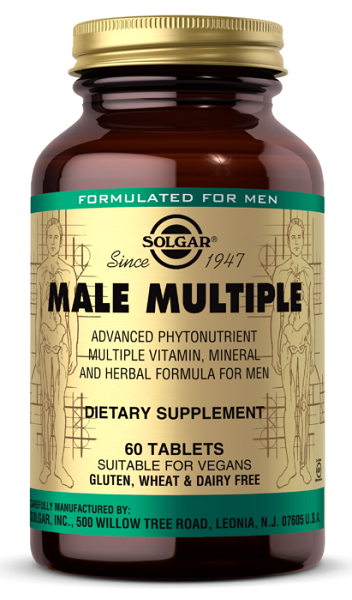 Un flacone di Solgar Male Multiple Multivitamins & Minerals for Men 60 Tablets.