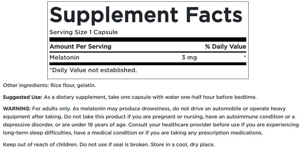 Un'etichetta per Swanson Melatonina - 3 mg 120 capsule integratore.