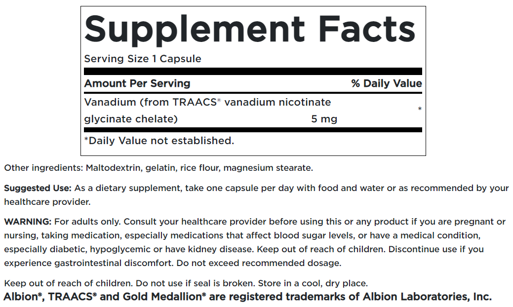 Un'etichetta per Swanson Albion Vanadium Chelated - 5 mg 60 capsule integratore.