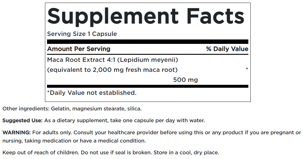 L'etichetta dell'integratore Swanson's Maca - 500 mg 60 capsule.